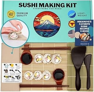 No Plastic Premium Sushi Making Kit for Home, for Beginners or Pro Sushi makers. Made of Premium Wood, includes Tea Cloth, Planet-Friendly, Gift and DIY Home Sushi Kit Experience, Circle Fuji box